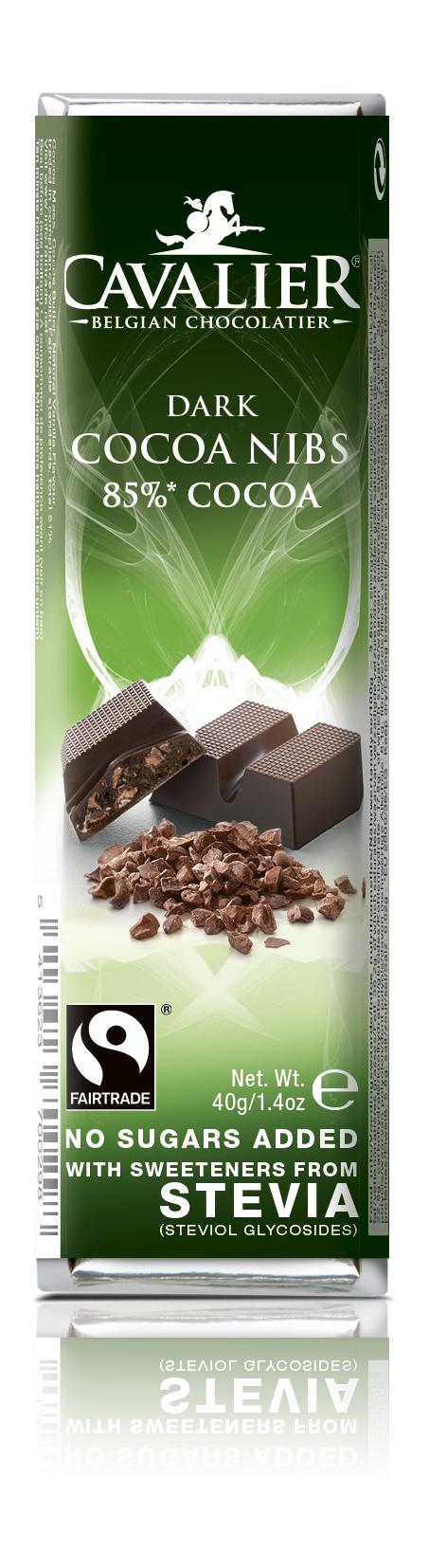 Temna čokolada (85% kakava) z zrni kakava, sladkana s stevio Cavalier 40g