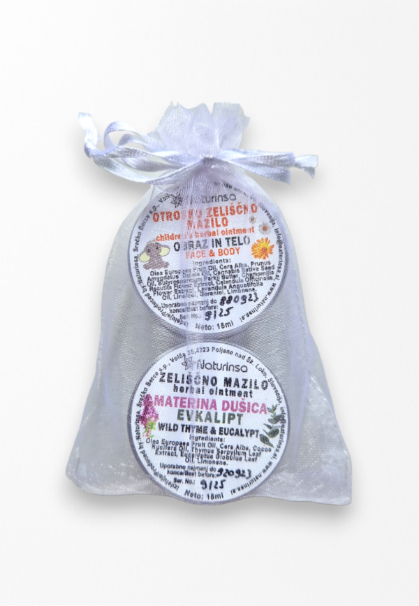 Mini darilni set z zeliščnim mazilom Materina dušiča - evkalipt in otroškim zeliščnim mazilom 1 kos