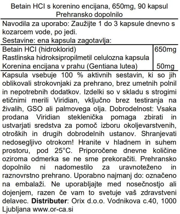 Viridian Betain HCl s korenino encijana 90 kapsul (650mg) sestavine, hranilne vrednosti